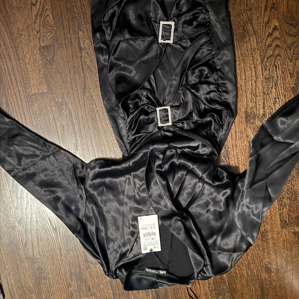 Elegant Black Satin Dress with Buckle Accents